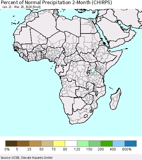 Africa Percent of Normal Precipitation 2-Month (CHIRPS) Thematic Map For 1/21/2024 - 3/20/2024