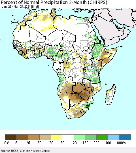 Africa Percent of Normal Precipitation 2-Month (CHIRPS) Thematic Map For 1/26/2024 - 3/25/2024