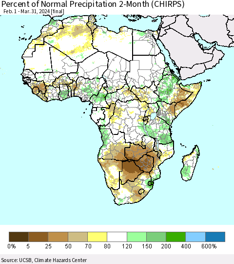 Africa Percent of Normal Precipitation 2-Month (CHIRPS) Thematic Map For 2/1/2024 - 3/31/2024