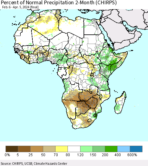 Africa Percent of Normal Precipitation 2-Month (CHIRPS) Thematic Map For 2/6/2024 - 4/5/2024