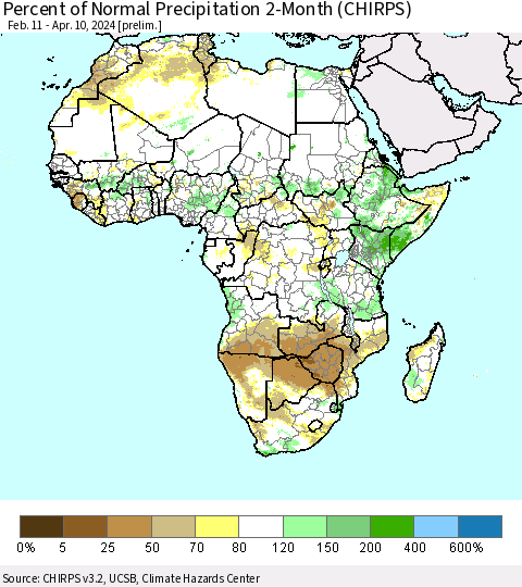 Africa Percent of Normal Precipitation 2-Month (CHIRPS) Thematic Map For 2/11/2024 - 4/10/2024