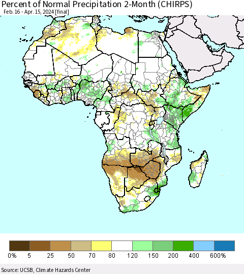 Africa Percent of Normal Precipitation 2-Month (CHIRPS) Thematic Map For 2/16/2024 - 4/15/2024