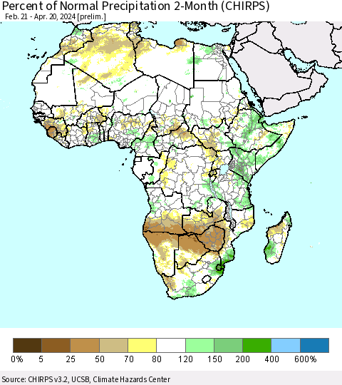 Africa Percent of Normal Precipitation 2-Month (CHIRPS) Thematic Map For 2/21/2024 - 4/20/2024