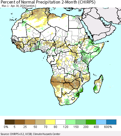 Africa Percent of Normal Precipitation 2-Month (CHIRPS) Thematic Map For 3/1/2024 - 4/30/2024