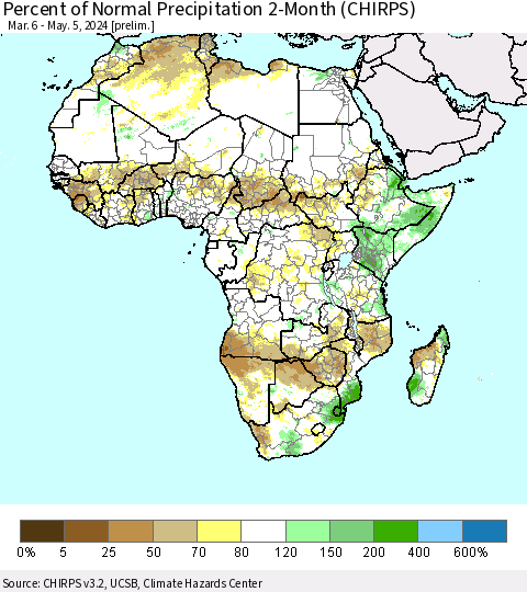 Africa Percent of Normal Precipitation 2-Month (CHIRPS) Thematic Map For 3/6/2024 - 5/5/2024