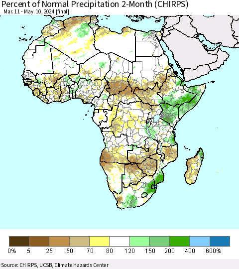 Africa Percent of Normal Precipitation 2-Month (CHIRPS) Thematic Map For 3/11/2024 - 5/10/2024