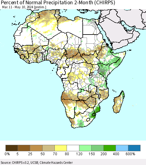Africa Percent of Normal Precipitation 2-Month (CHIRPS) Thematic Map For 3/11/2024 - 5/10/2024