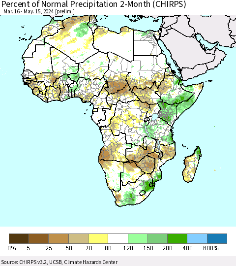 Africa Percent of Normal Precipitation 2-Month (CHIRPS) Thematic Map For 3/16/2024 - 5/15/2024