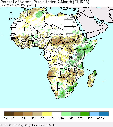 Africa Percent of Normal Precipitation 2-Month (CHIRPS) Thematic Map For 3/21/2024 - 5/20/2024