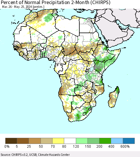 Africa Percent of Normal Precipitation 2-Month (CHIRPS) Thematic Map For 3/26/2024 - 5/25/2024
