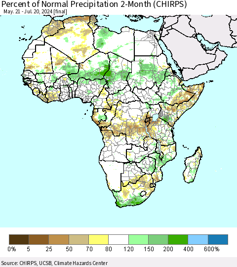 Africa Percent of Normal Precipitation 2-Month (CHIRPS) Thematic Map For 5/21/2024 - 7/20/2024