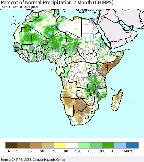 Africa Percent of Normal Precipitation 2-Month (CHIRPS) Thematic Map For 9/1/2024 - 10/31/2024