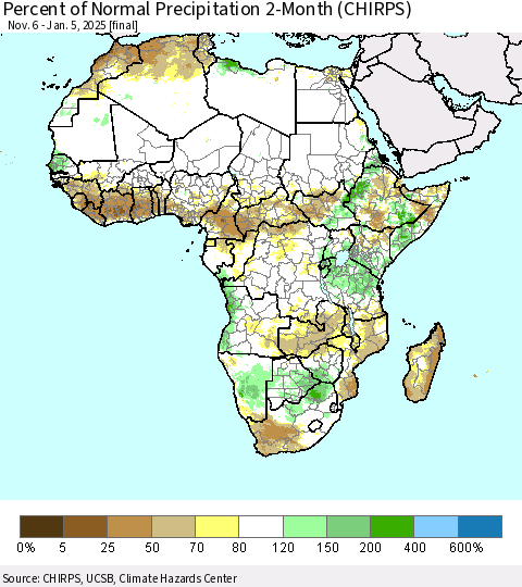Africa Percent of Normal Precipitation 2-Month (CHIRPS) Thematic Map For 11/6/2024 - 1/5/2025