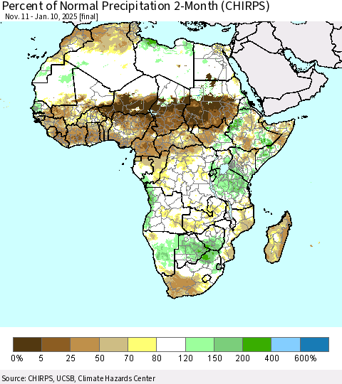 Africa Percent of Normal Precipitation 2-Month (CHIRPS) Thematic Map For 11/11/2024 - 1/10/2025