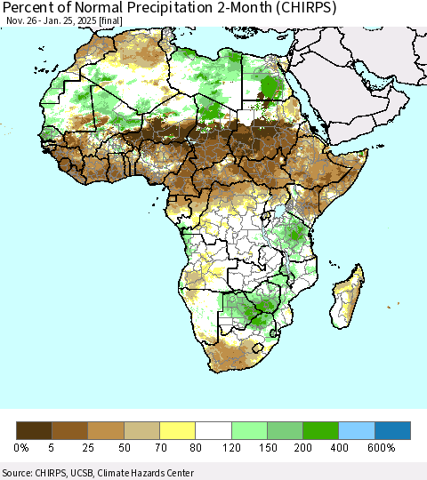 Africa Percent of Normal Precipitation 2-Month (CHIRPS) Thematic Map For 11/26/2024 - 1/25/2025