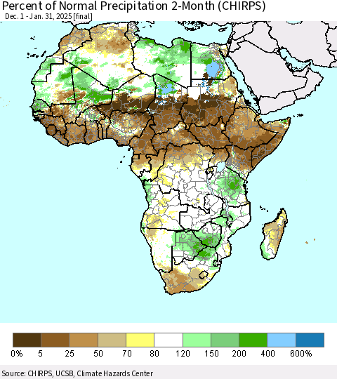 Africa Percent of Normal Precipitation 2-Month (CHIRPS) Thematic Map For 12/1/2024 - 1/31/2025