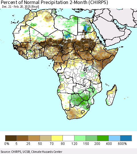 Africa Percent of Normal Precipitation 2-Month (CHIRPS) Thematic Map For 12/21/2024 - 2/20/2025
