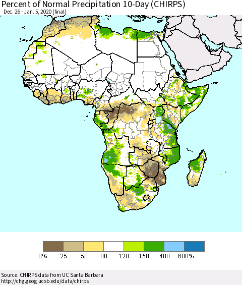 Africa Percent of Normal Precipitation 10-Day (CHIRPS) Thematic Map For 12/26/2019 - 1/5/2020