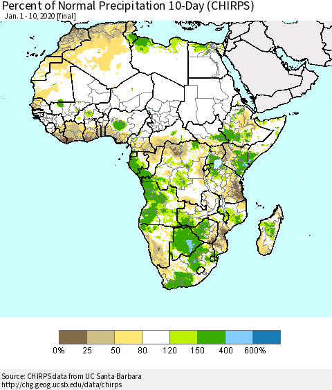 Africa Percent of Normal Precipitation 10-Day (CHIRPS) Thematic Map For 1/1/2020 - 1/10/2020