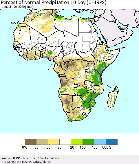 Africa Percent of Normal Precipitation 10-Day (CHIRPS) Thematic Map For 1/11/2020 - 1/20/2020