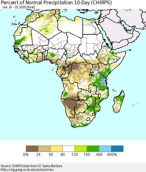Africa Percent of Normal Precipitation 10-Day (CHIRPS) Thematic Map For 1/16/2020 - 1/25/2020