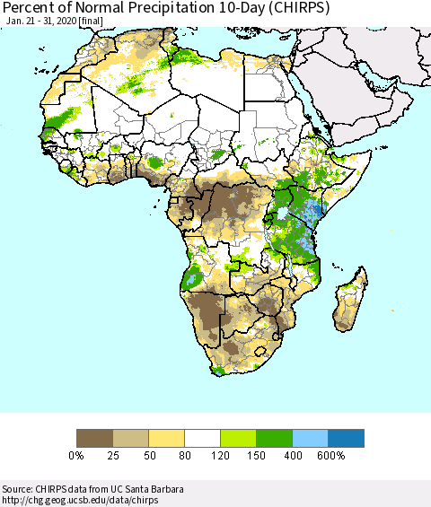 Africa Percent of Normal Precipitation 10-Day (CHIRPS) Thematic Map For 1/21/2020 - 1/31/2020