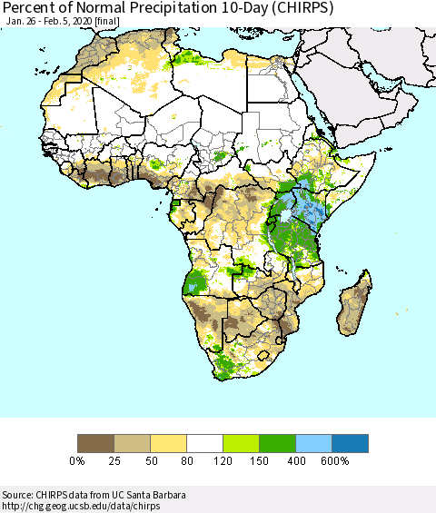 Africa Percent of Normal Precipitation 10-Day (CHIRPS) Thematic Map For 1/26/2020 - 2/5/2020