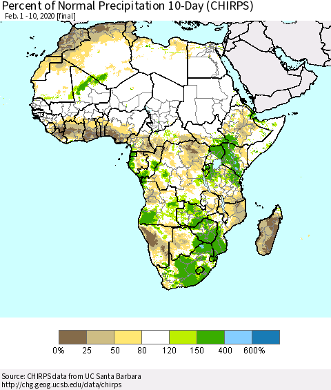 Africa Percent of Normal Precipitation 10-Day (CHIRPS) Thematic Map For 2/1/2020 - 2/10/2020