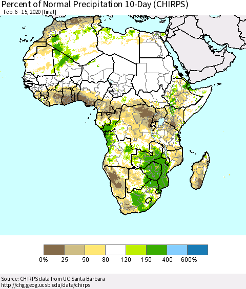 Africa Percent of Normal Precipitation 10-Day (CHIRPS) Thematic Map For 2/6/2020 - 2/15/2020