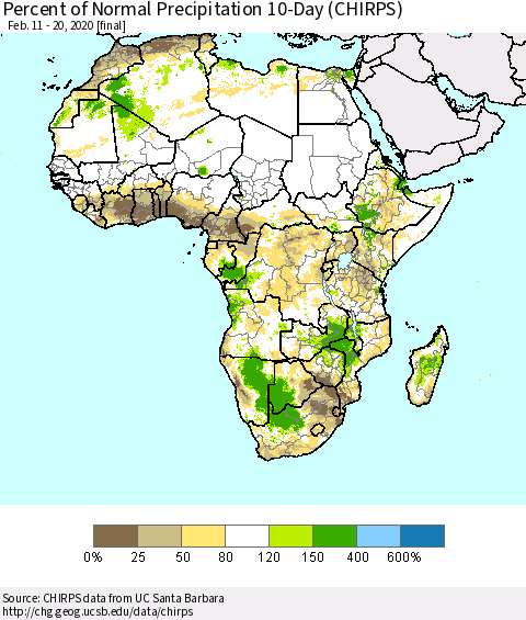Africa Percent of Normal Precipitation 10-Day (CHIRPS) Thematic Map For 2/11/2020 - 2/20/2020