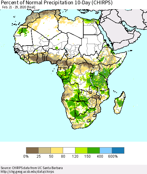 Africa Percent of Normal Precipitation 10-Day (CHIRPS) Thematic Map For 2/21/2020 - 2/29/2020