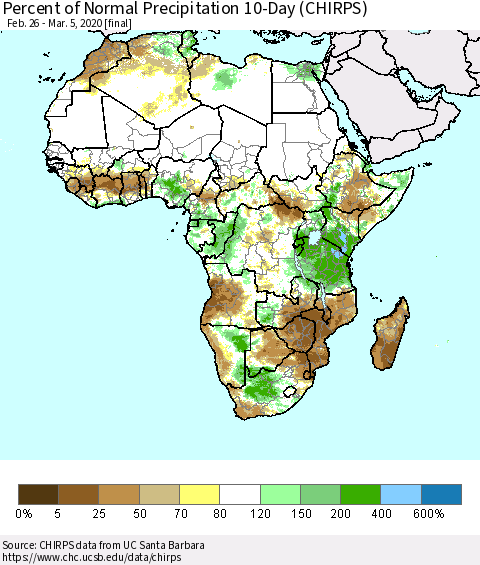 Africa Percent of Normal Precipitation 10-Day (CHIRPS) Thematic Map For 2/26/2020 - 3/5/2020