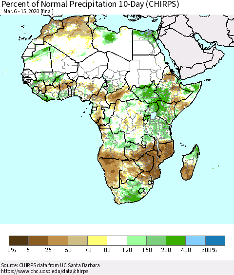 Africa Percent of Normal Precipitation 10-Day (CHIRPS) Thematic Map For 3/6/2020 - 3/15/2020