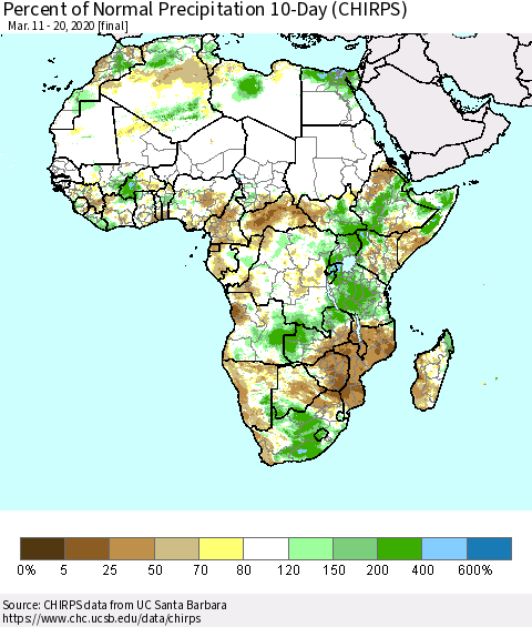 Africa Percent of Normal Precipitation 10-Day (CHIRPS) Thematic Map For 3/11/2020 - 3/20/2020