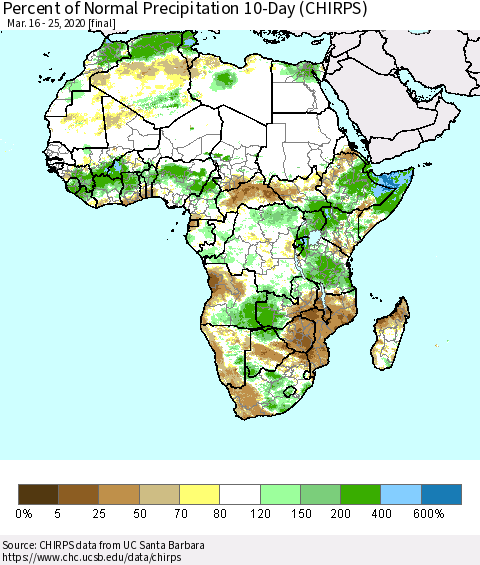 Africa Percent of Normal Precipitation 10-Day (CHIRPS) Thematic Map For 3/16/2020 - 3/25/2020