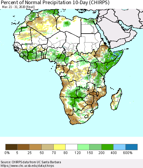 Africa Percent of Normal Precipitation 10-Day (CHIRPS) Thematic Map For 3/21/2020 - 3/31/2020