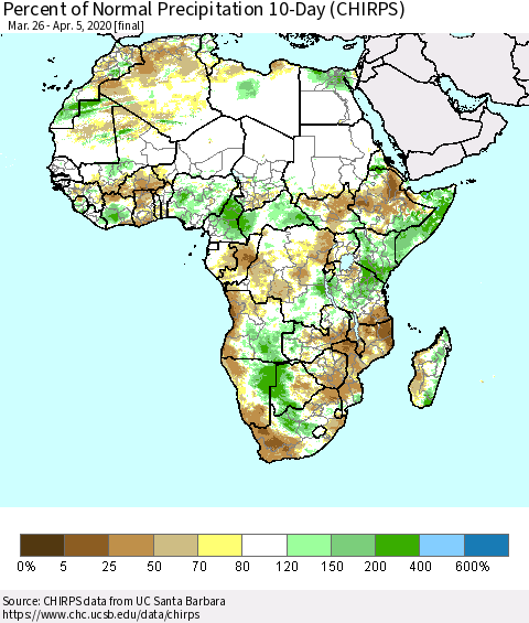 Africa Percent of Normal Precipitation 10-Day (CHIRPS) Thematic Map For 3/26/2020 - 4/5/2020