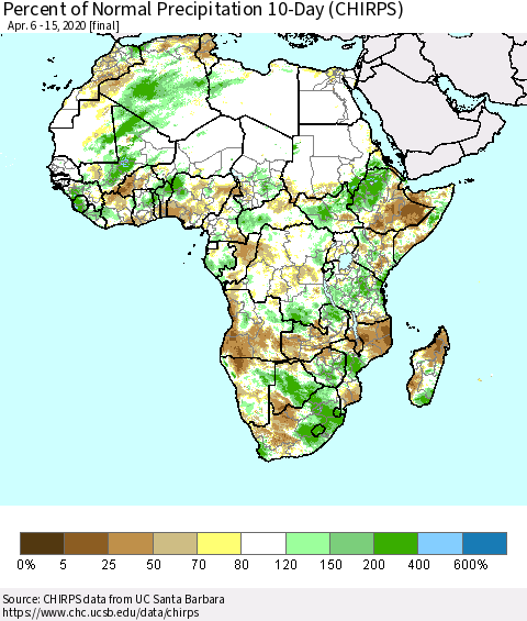 Africa Percent of Normal Precipitation 10-Day (CHIRPS) Thematic Map For 4/6/2020 - 4/15/2020