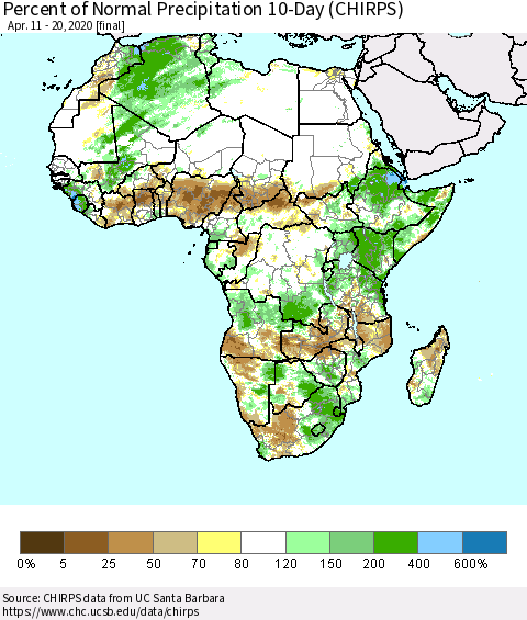 Africa Percent of Normal Precipitation 10-Day (CHIRPS) Thematic Map For 4/11/2020 - 4/20/2020