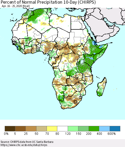 Africa Percent of Normal Precipitation 10-Day (CHIRPS) Thematic Map For 4/16/2020 - 4/25/2020