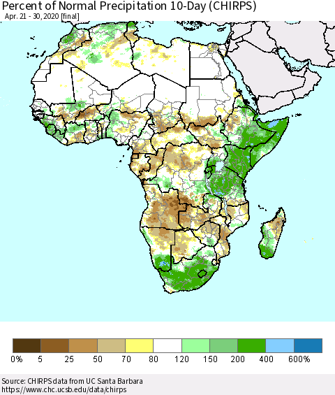 Africa Percent of Normal Precipitation 10-Day (CHIRPS) Thematic Map For 4/21/2020 - 4/30/2020