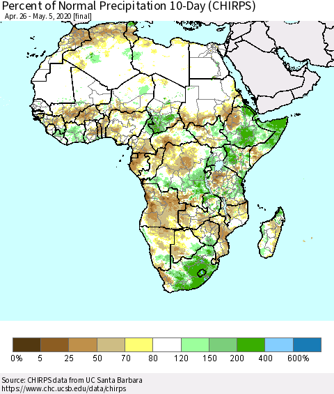 Africa Percent of Normal Precipitation 10-Day (CHIRPS) Thematic Map For 4/26/2020 - 5/5/2020
