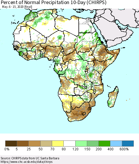 Africa Percent of Normal Precipitation 10-Day (CHIRPS) Thematic Map For 5/6/2020 - 5/15/2020
