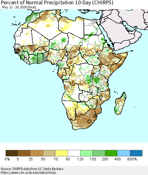 Africa Percent of Normal Precipitation 10-Day (CHIRPS) Thematic Map For 5/11/2020 - 5/20/2020