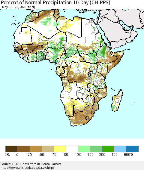 Africa Percent of Normal Precipitation 10-Day (CHIRPS) Thematic Map For 5/16/2020 - 5/25/2020
