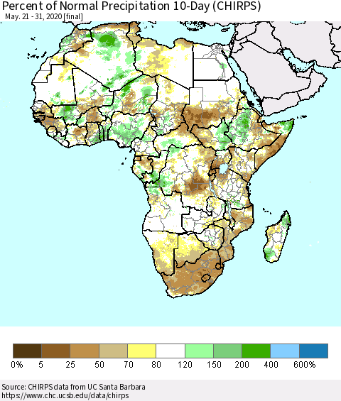 Africa Percent of Normal Precipitation 10-Day (CHIRPS) Thematic Map For 5/21/2020 - 5/31/2020