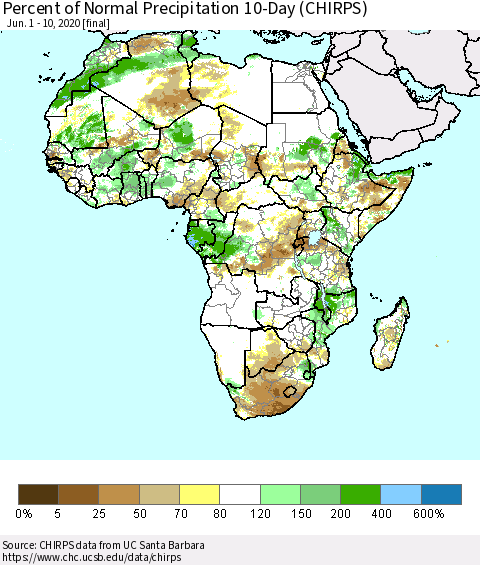 Africa Percent of Normal Precipitation 10-Day (CHIRPS) Thematic Map For 6/1/2020 - 6/10/2020