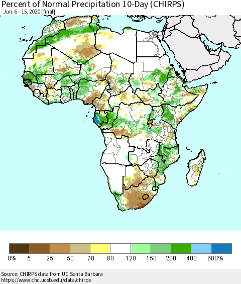 Africa Percent of Normal Precipitation 10-Day (CHIRPS) Thematic Map For 6/6/2020 - 6/15/2020