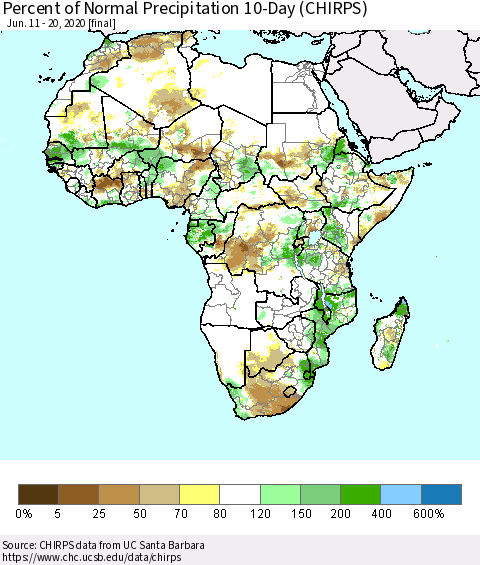 Africa Percent of Normal Precipitation 10-Day (CHIRPS) Thematic Map For 6/11/2020 - 6/20/2020