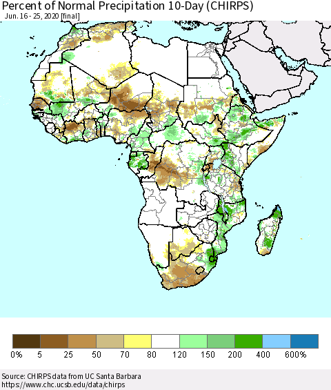 Africa Percent of Normal Precipitation 10-Day (CHIRPS) Thematic Map For 6/16/2020 - 6/25/2020